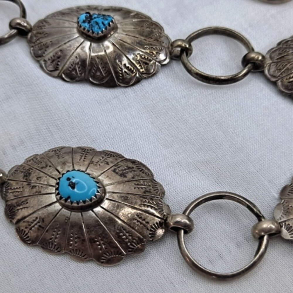 VINTAGE ~ AUTHENTIC CONCHO BELT ~ TURQUOISE TEPEES & SUNBURSTS ~ SIGNED/STERLING